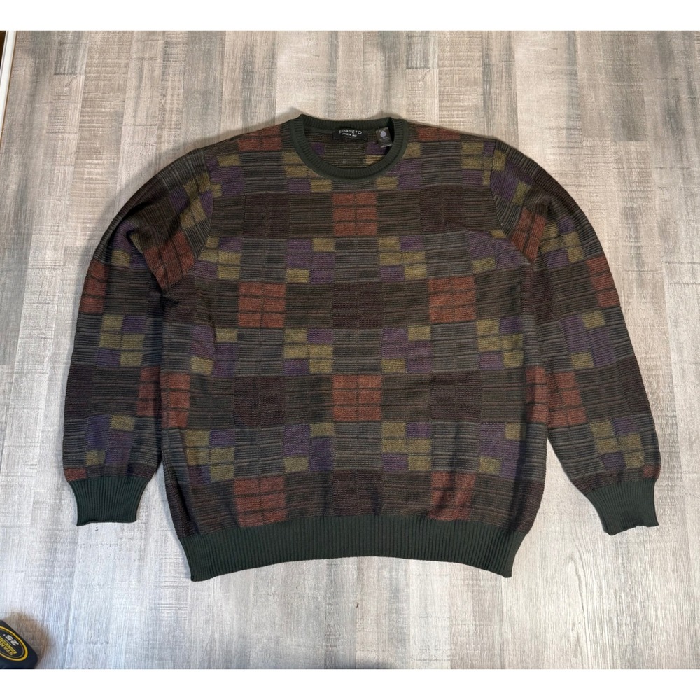 Segreto Italy Merino Wool Sweater Mens Large Brown Geometric Crewneck Knit Thin